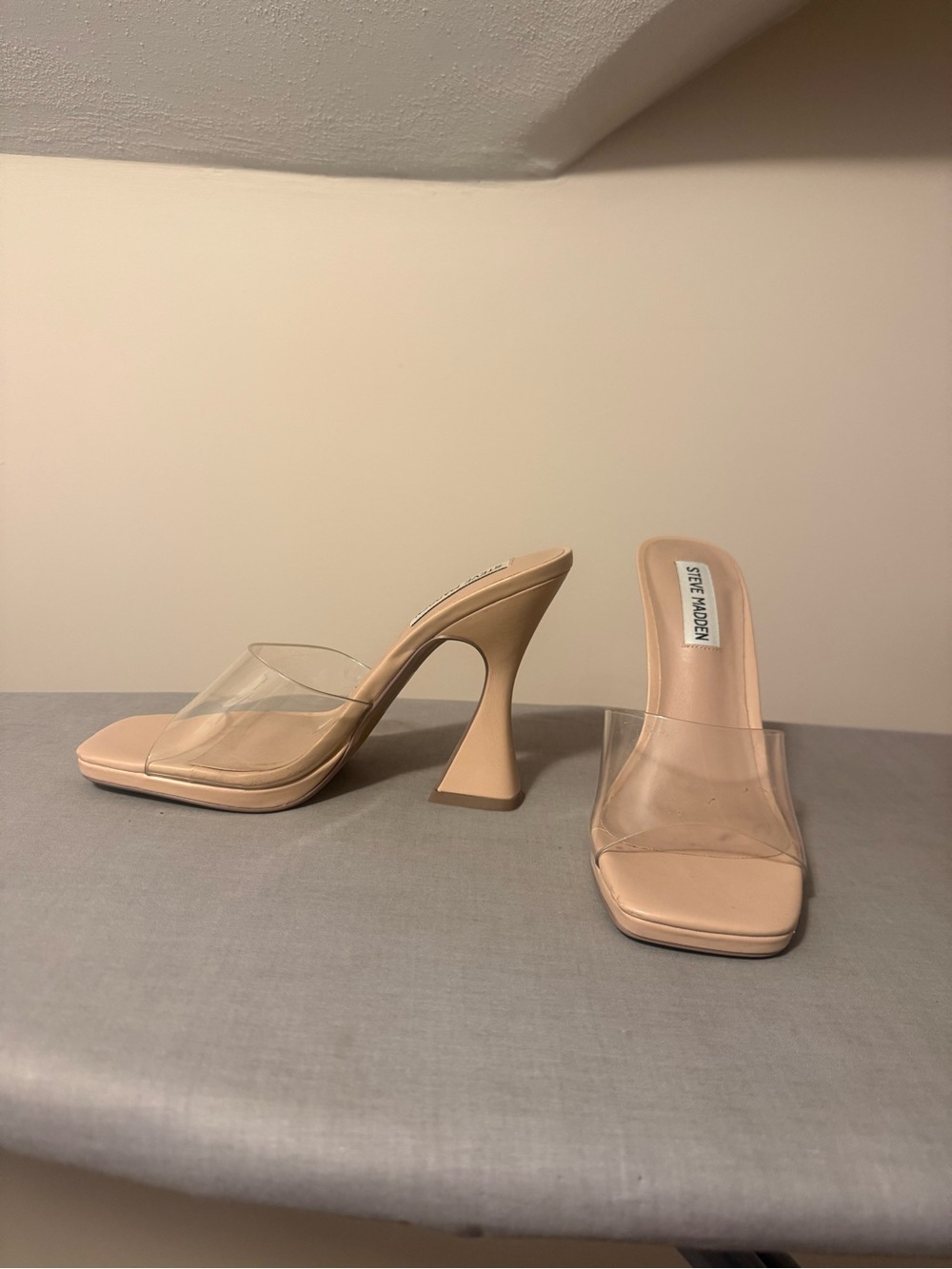 Steve Madden Beige Clear Strap Sculpted Heel Mules